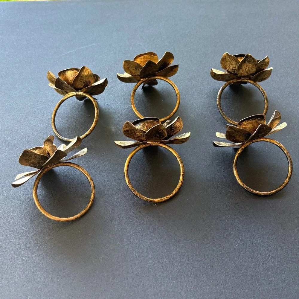 Set of 6 Antique Gold Floral Napkin Rings Distressed Metal Flower Table Decor